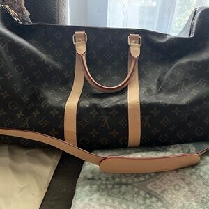 COPY Louis Vuitton Keepall 55 Brown and Cream Duffel Bag with Leather Accents
